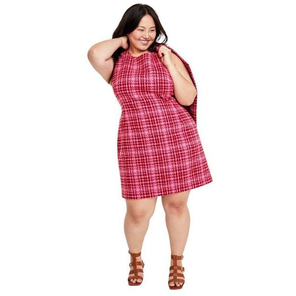 NWT On 34th Womens Pink Red Sleeveless Tweed Mini Sheath Dress Size 24W - Picture 1 of 10